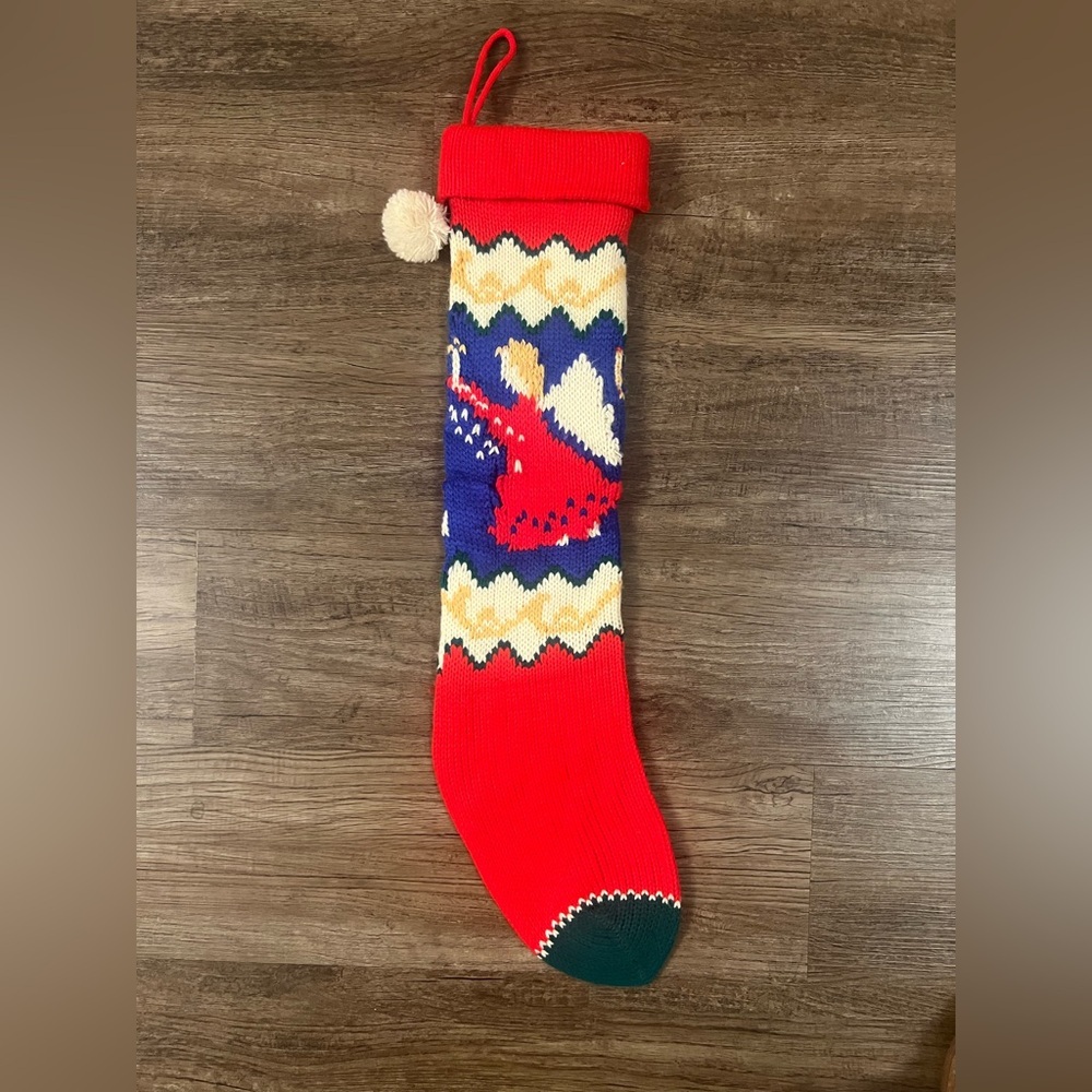 Vtg 1970s 22" Knit Christmas Stocking Pom‎ Pom Angel Double Sided Acrylic